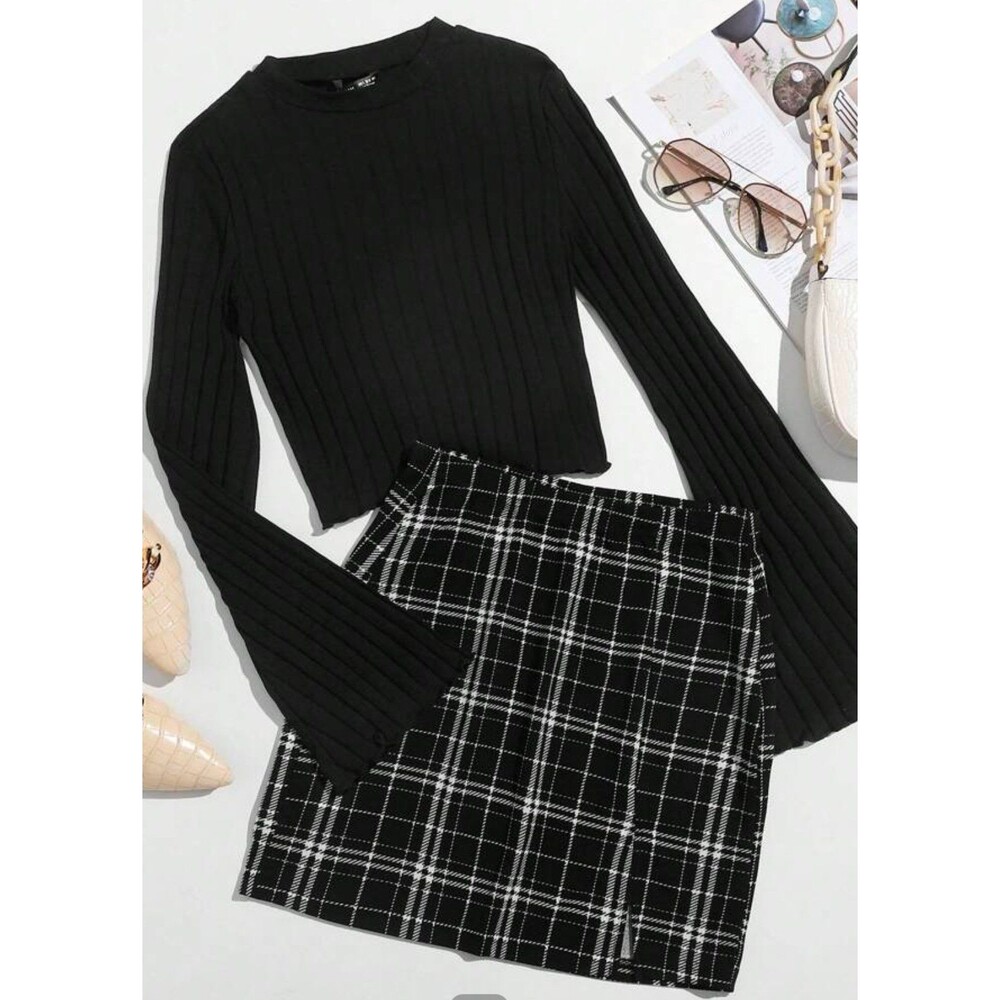 lettuce trim bell sleeve top and slit hem plaid skirt set